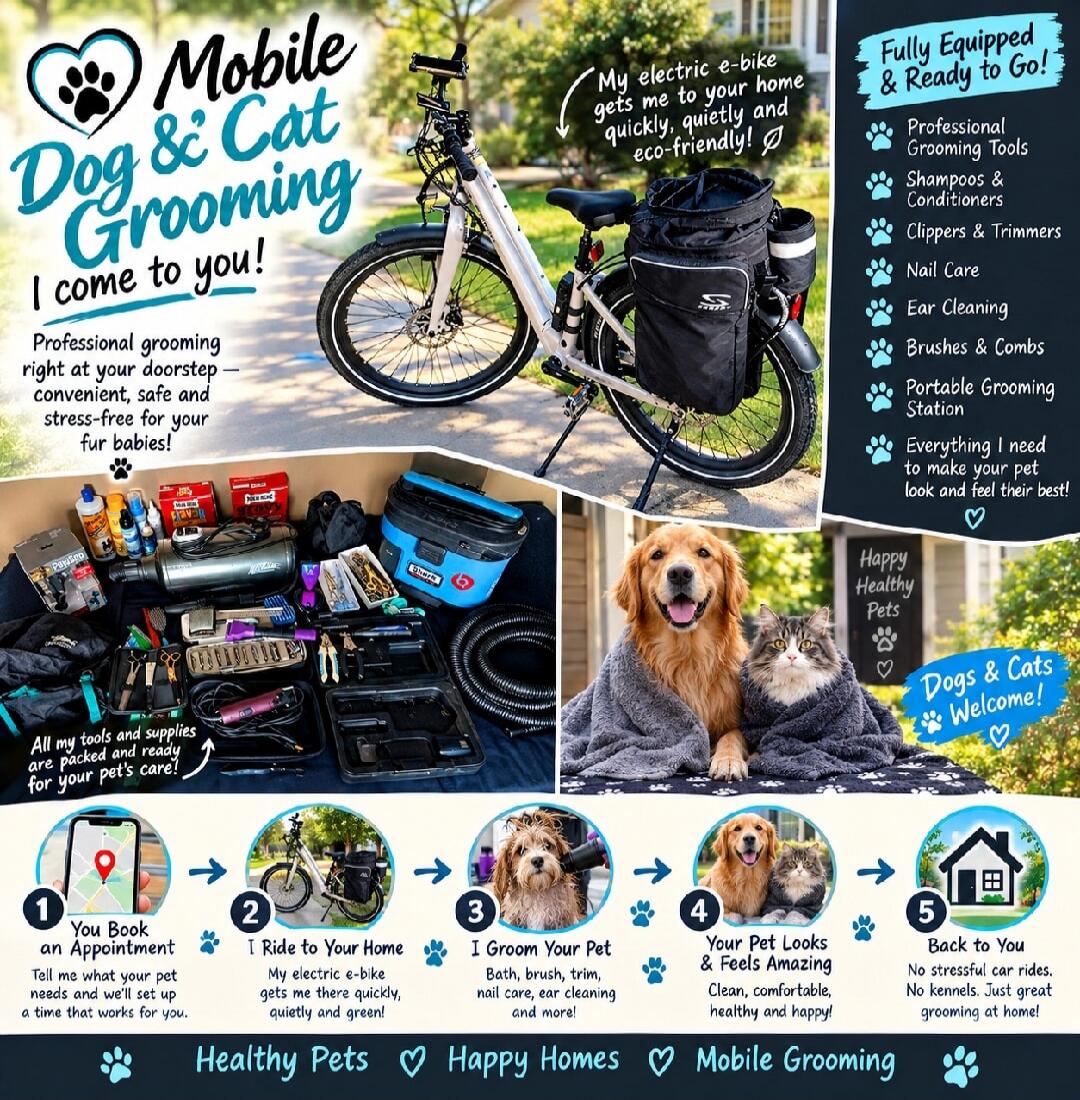 Mobile Dog & Cat Grooming I come to you! Professional grooming right at your doorstep - convenient, safe and stress-free for your fur babies! My electric e-bike gets me to your home quickly, quietly and eco-friendly! Fully Equipped & Ready to Go! Professional Grooming Tools, Shampoos & Conditioners, Clippers & Trimmers, Nail Care, Ear Cleaning, Bru