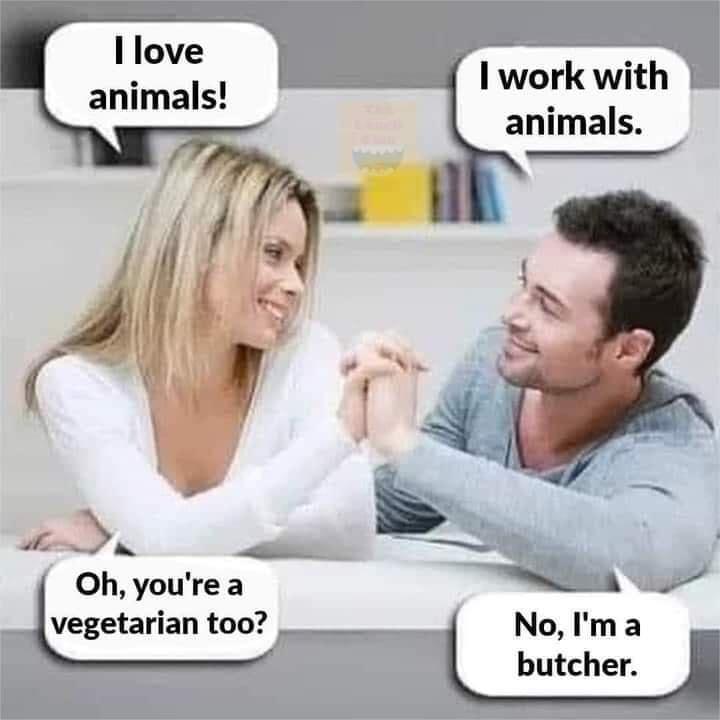 I love animals I work with animals Oh youre a vegetarian too NoIma butcher