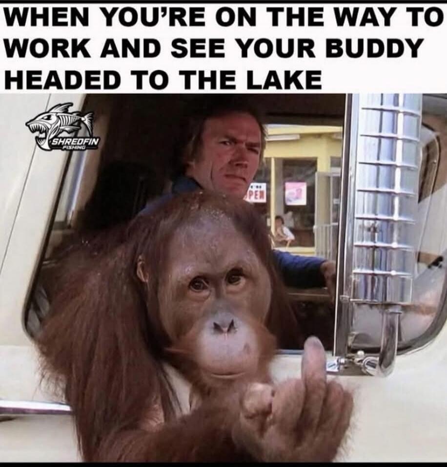 WHEN YOU'RE ON THE WAY TO WORK AND SEE YOUR BUDDY HEADED TO THE LAKE