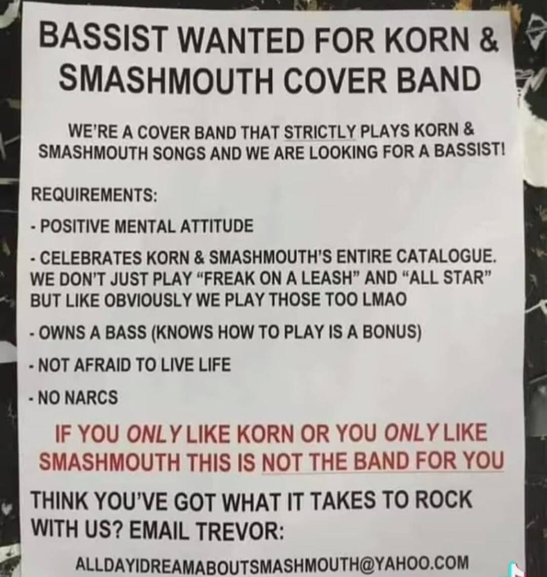 BASSIST WANTED FOR KORN SMASHMOUTH COVER BAND WERE A COVER BAND THAT STRICTLY PLAYS KORN SMASHMOUTH SONGS AND WE ARE LOOKING FOR A BASSIST REQUIREMENTS POSITIVE MENTAL ATTITUDE CELEBRATES KORN SMASHMOUTHS ENTIRE CATALOGUE WE DONT JUST PLAY FREAK ON A LEASH AND ALL STAR BUT LIKE OBVIOUSLY WE PLAY THOSE TOO LMAO OWNS A BASS KNOWS HOW TO PLAY IS A BONUS NOT AFRAID TO LIVE LIFE NO NARCS IF YOU ONLY LI