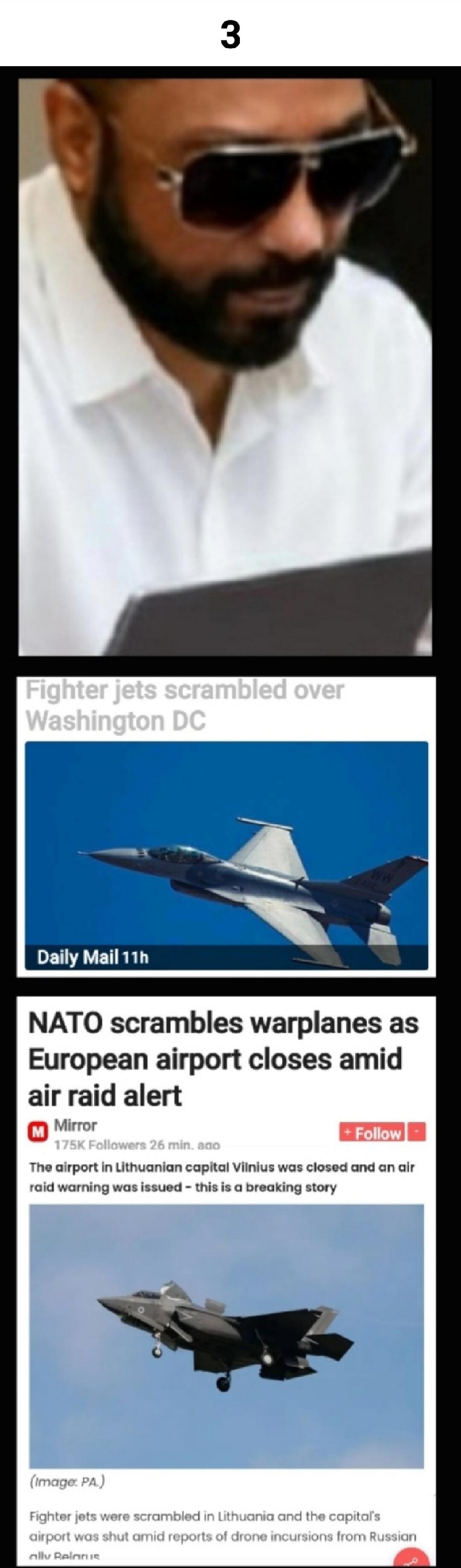 Fighter jets scrambled over Washington DC. NATO scrambles warplanes as European airport closes amid air raid alert. The airport in Lithuanian capital Vilnius was closed and an air raid warning was issued - this is a breaking story. Fighter jets were scrambled in Lithuania and the capital's airport was shut amid reports of drone incursions from Russ