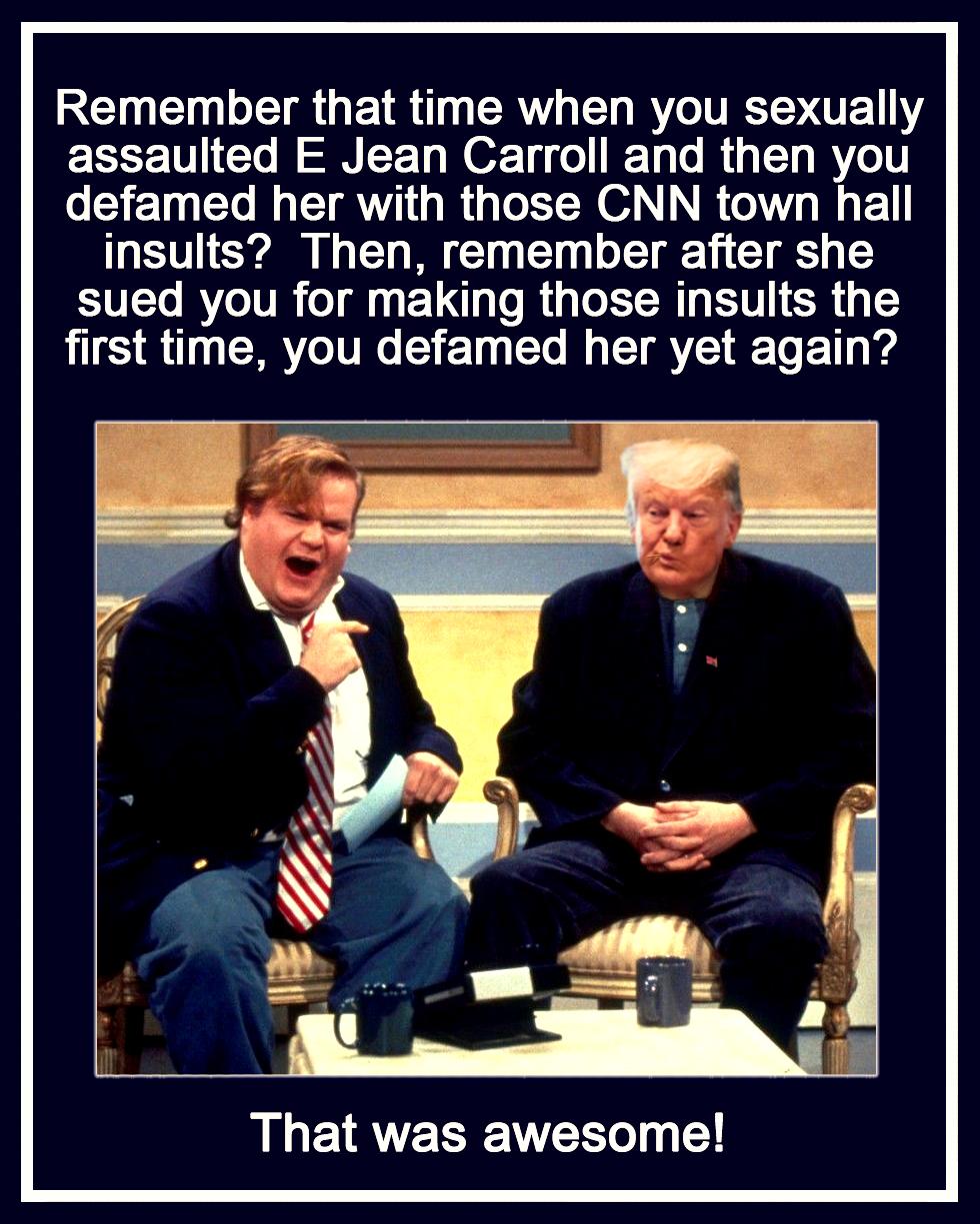 REINELET R GEIR T AV L RO GETY assaulted E Jean Carroll and then you LEEIEL AT R G ETN o N R G G E insults Then remember after she G RTTR Tl ET R T ER TS first time you defamed her yet again That was awesome