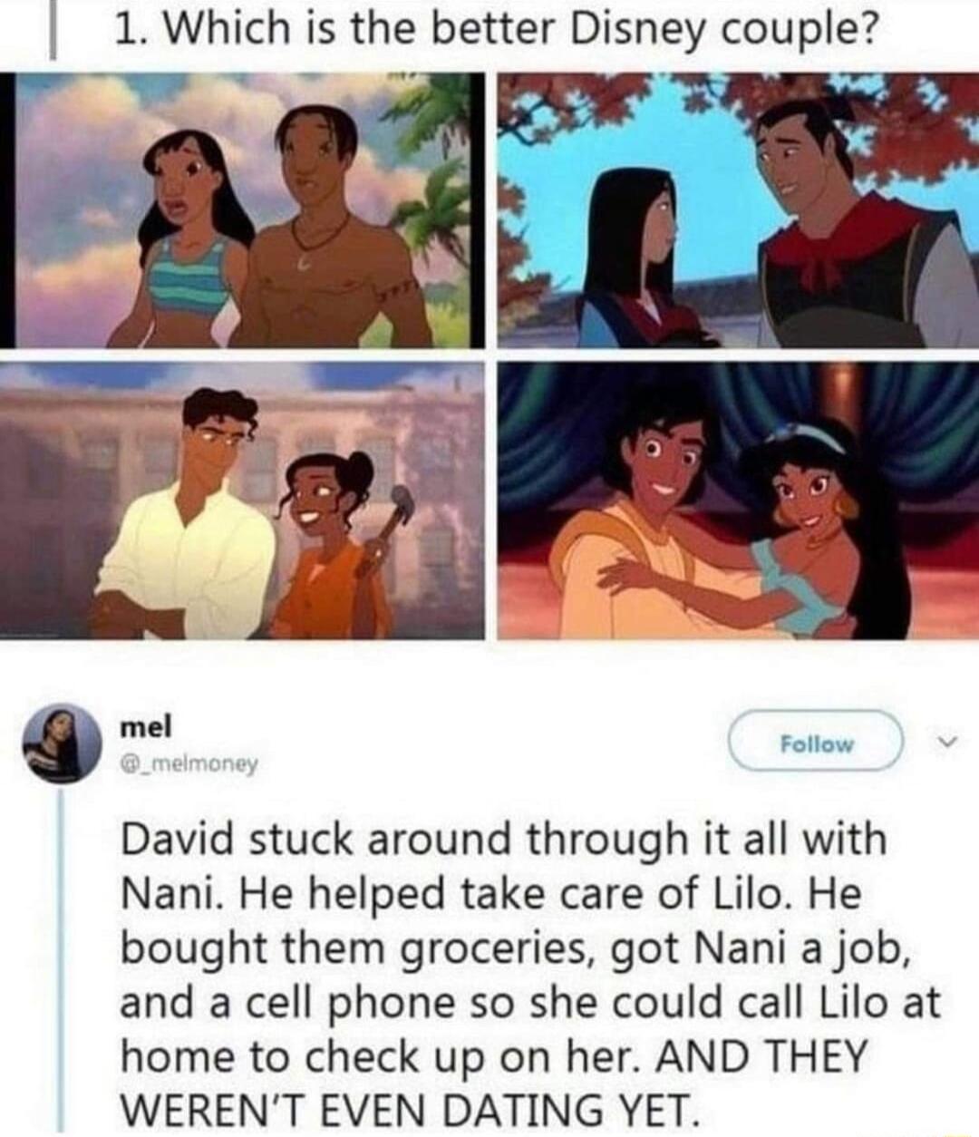 I 1 Which is the better Dlsney couple o David stuck around through it all with Nani He helped take care of Lilo He bought them groceries got Nani a job and a cell phone so she could call Lilo at home to check up on her AND THEY WERENT EVEN DATING YET