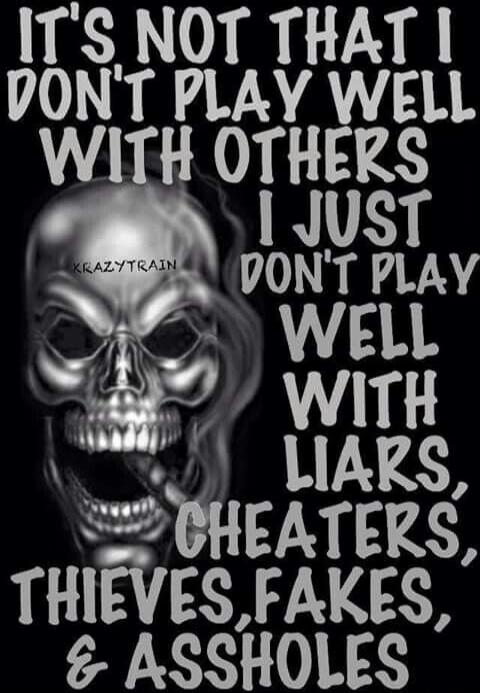 IT'S NOT THAT I DON'T PLAY WELL WITH OTHERS I JUST DON'T PLAY WELL WITH LIARS, CHEATERS, THIEVES, FAKES, & ASSHOLES KRAZYTRAIN
