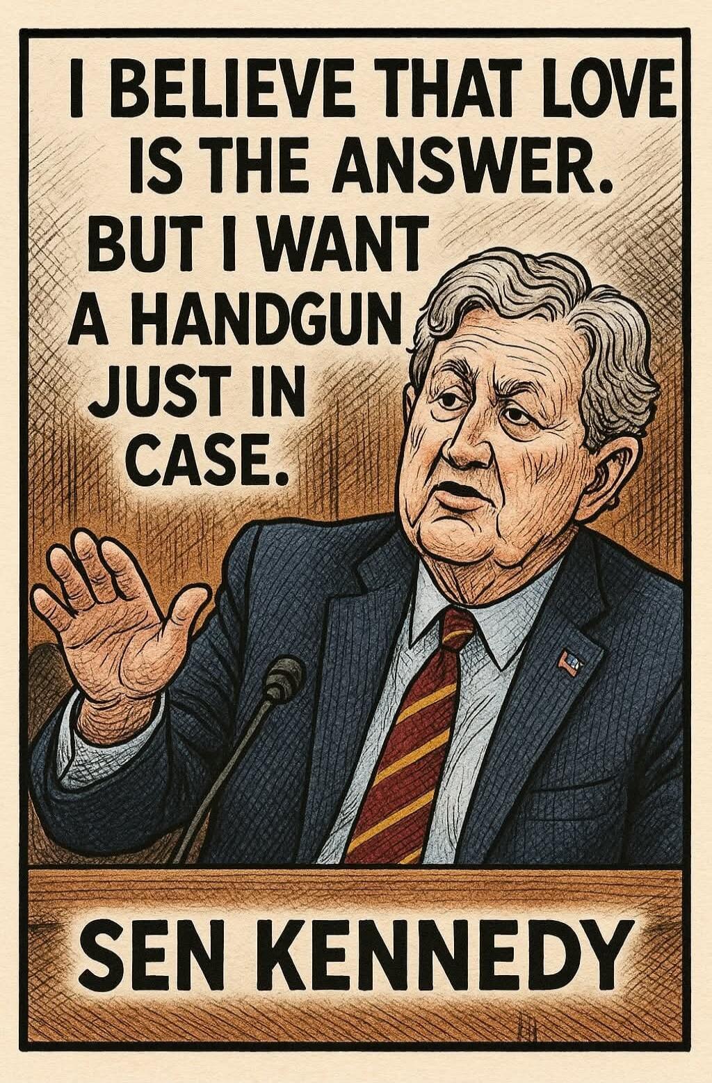 I BELIEVE THAT LOVE IS THE ANSWER. BUT I WANT A HANDGUN JUST IN CASE. SEN KENNEDY