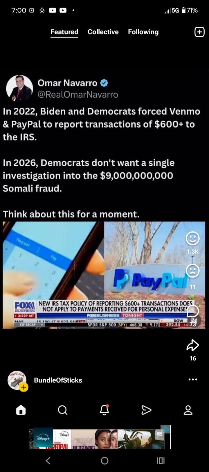 In 2022, Biden and Democrats forced Venmo & PayPal to report transactions of $600+ to the IRS. In 2026, Democrats don't want a single investigation into the $9,000,000,000 Somali fraud. Think about this for a moment. FOX BUSINESS TONIGHT NEW IRS TAX POLICY OF REPORTING $600+ TRANSACTIONS DOES NOT APPLY TO PAYMENTS RECEIVED FOR PERSONAL EXPENSES.