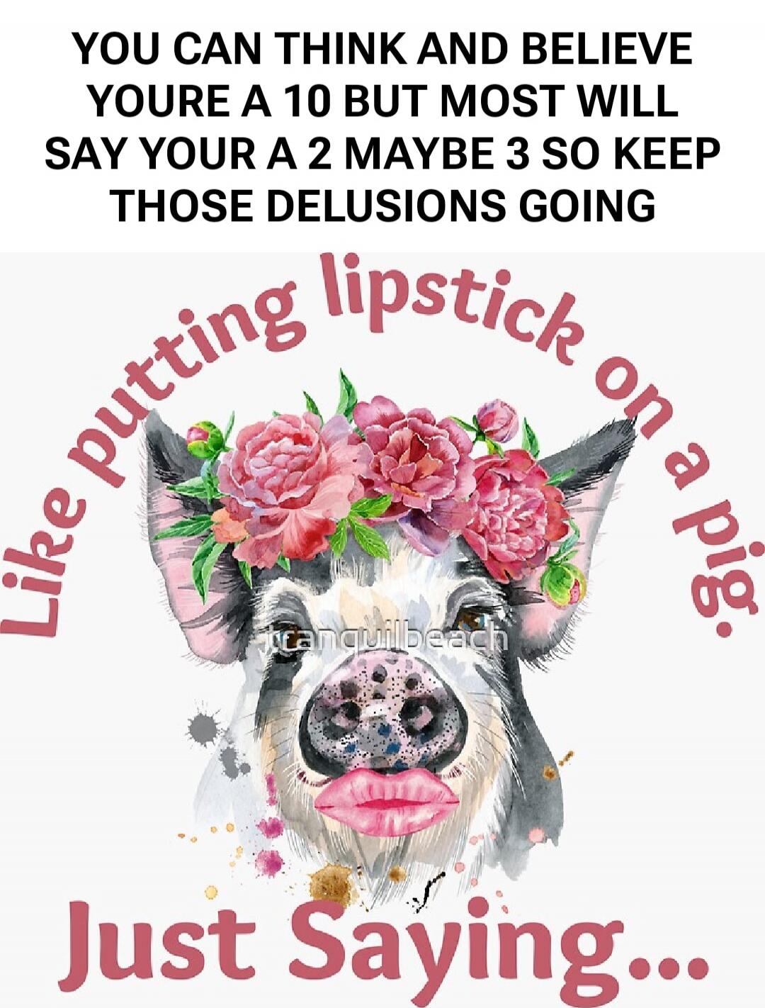 YOU CAN THINK AND BELIEVE YOU'RE A 10 BUT MOST WILL SAY YOUR A 2 MAYBE 3 SO KEEP THOSE DELUSIONS GOING
Like putting lipstick on a pig
Just Saying...