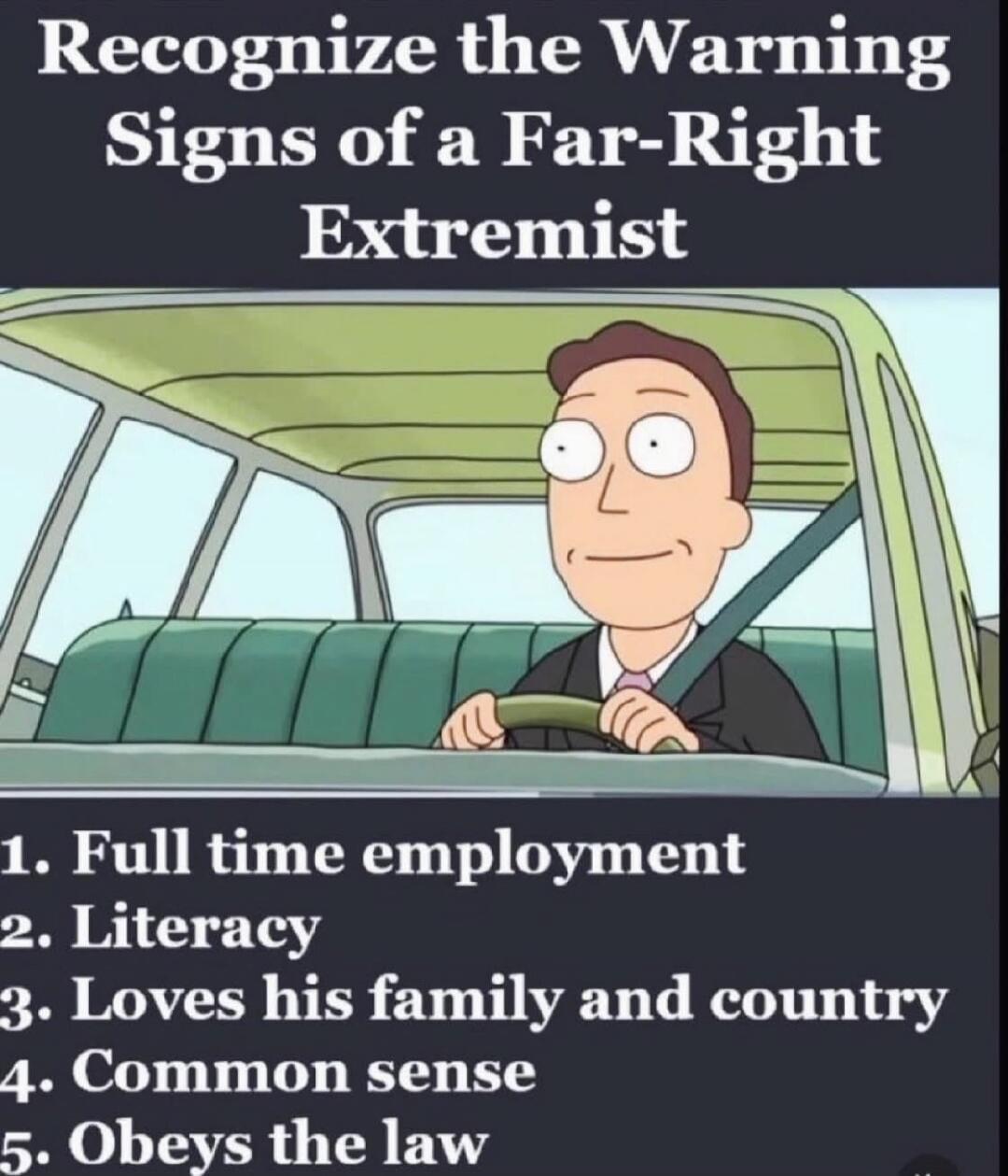 Recognize the Warning Signs of a Far-Right Extremist 1. Full time employment 2. Literacy 3. Loves his family and country 4. Common sense 5. Obey the law