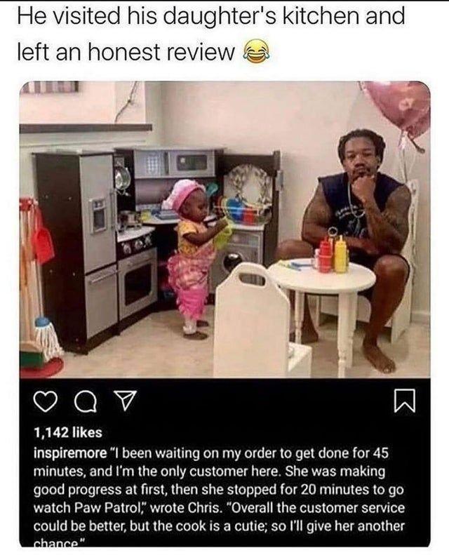 He visited his daughters kitchen and left an honest review TEE 1142 likes inspiremore been waiting on my order to get done for 45 minutes and Im the only customer here She was making good progress at first then she stopped for 20 minutes to go watch Paw Patrol wrote Chris Overall the customer service could be better but the cook is a cutie so Ill give her another