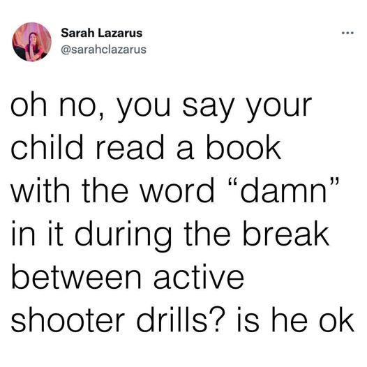 oh no you say your child read a book with the word damn in it during the break between active shooter drills is he ok