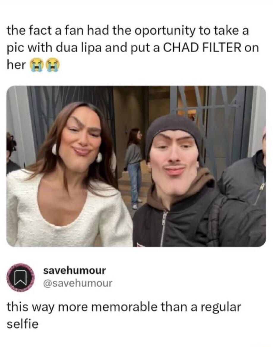 the fact a fan had the oportunity to take a pic with dua lipa and put a CHAD FILTER on her 😭😭 savehumour @savehumour this way more memorable than a regular selfie