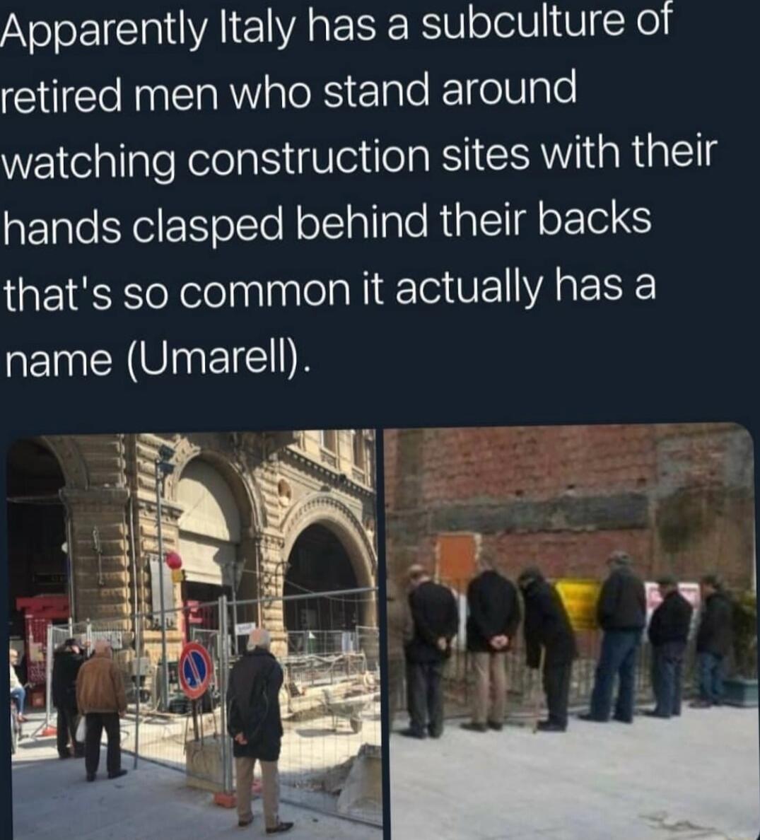 Apparently ltaly has a subculture of retired men who stand around watching construction sites with their hands clasped behind their backs thats so common it actually has a R CEIEDE