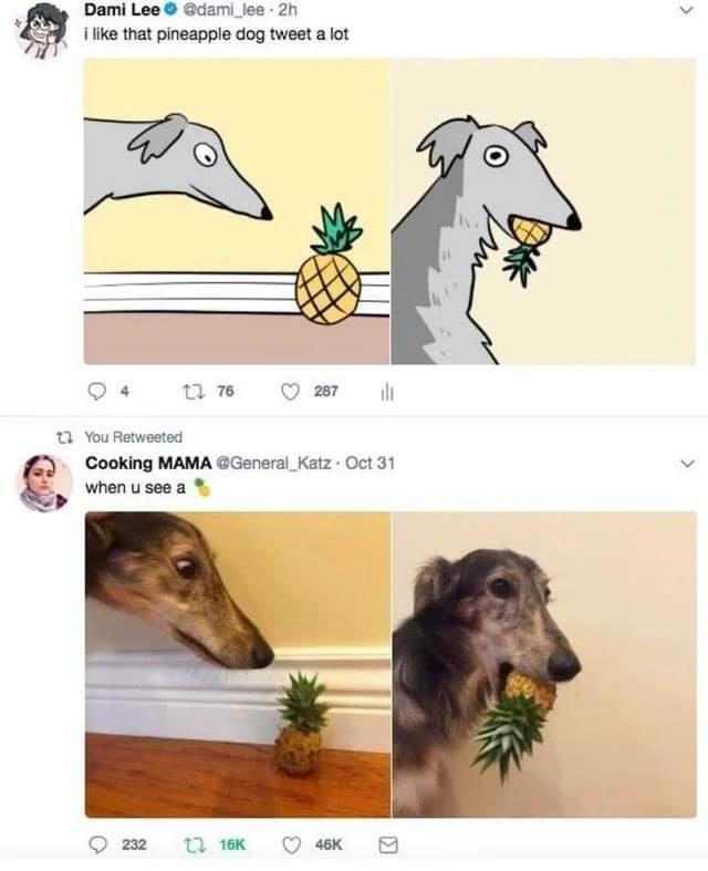 Dami Lee daml_lee 2h bt ilike that pineapple dog tweet a lot Q4 Qe T You Retwested Cooking MAMA General_Katz Oct 31 v 5 whenuseea Q22 111Kk Q ek B