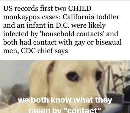 FEQUCd 238 US records first two CHILD monkeypox cases California toddler and an infant in DC were likely infected by household contacts and both had contact with gay or bisexual men CDC chief says