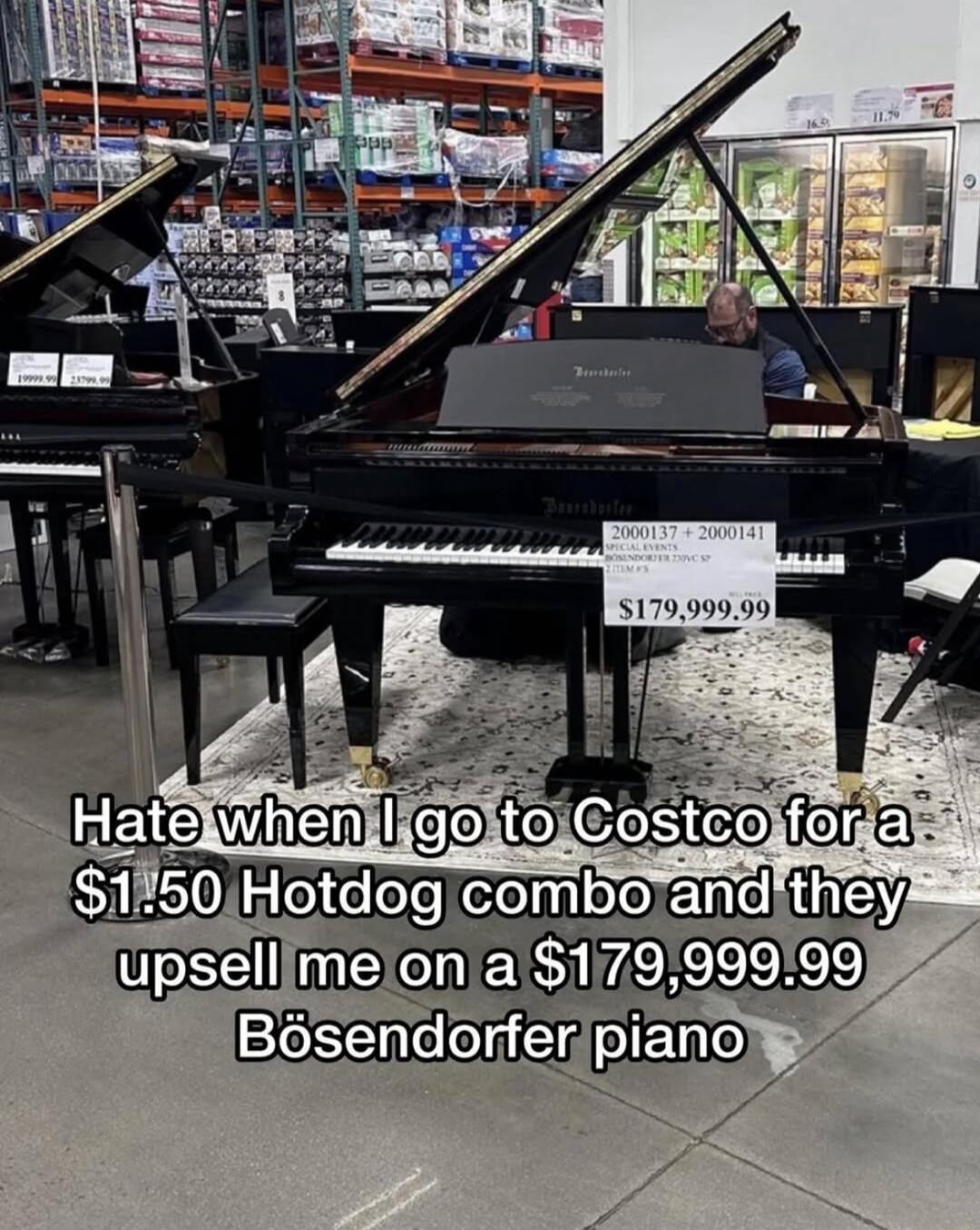 Hate when I go to Costco for a $1.50 Hotdog combo and they upsell me on a $179,999.99 Bösendorfer piano