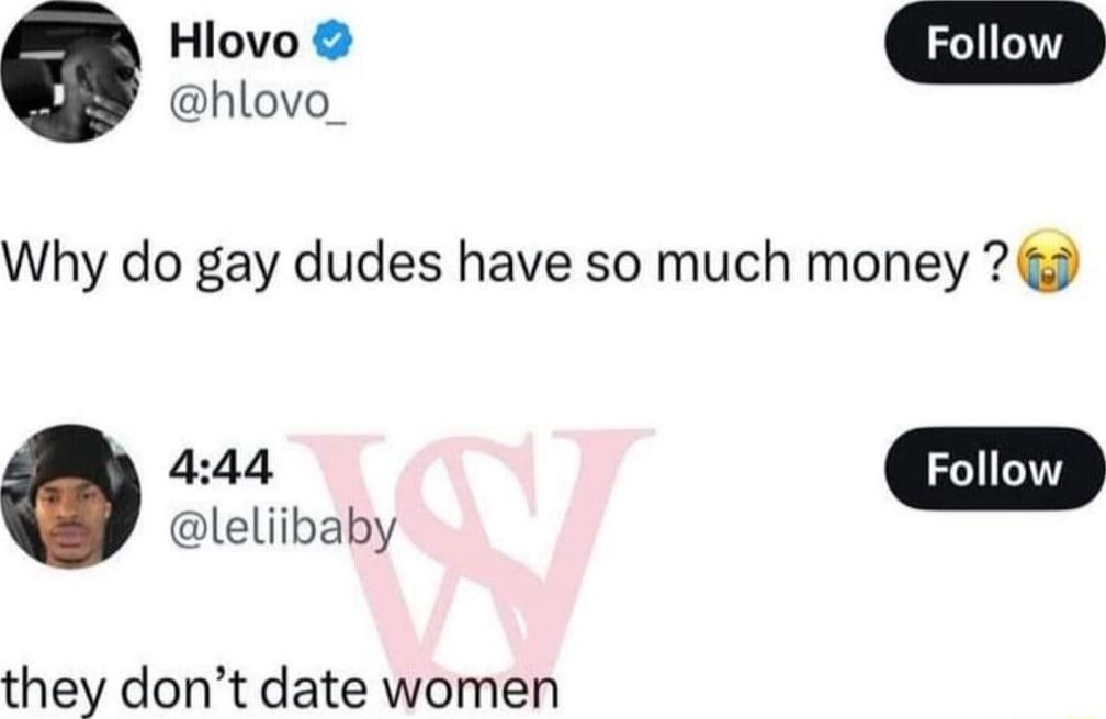 Hlovo w hlovo Why do gay dudes have so much money Lo leliibaby they dont date women