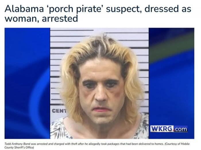 Alabama ‘porch pirate’ suspect, dressed as woman, arrested
Took Anthony Bond was arrested and charged with theft after he allegedly took packages that had been delivered to homes. Courtesy of Mobile County Sheriff’s Office