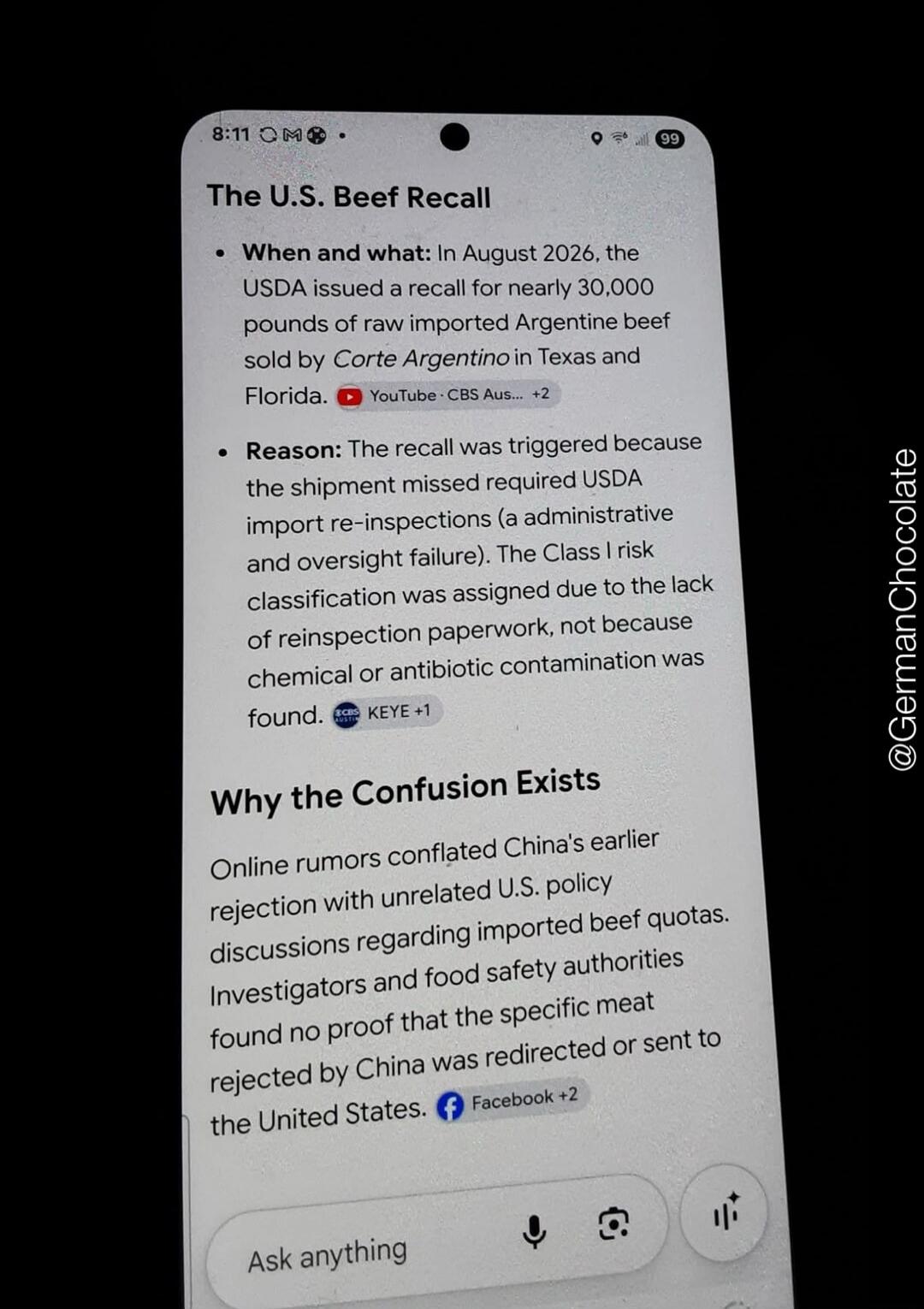 The U.S. Beef Recall. When and what: In August 2026, the USDA issued a recall for nearly 30,000 pounds of raw imported Argentine beef sold by Corte Argentino in Texas and Florida. Reason: The recall was triggered because the shipment missed required USDA import re-inspections (an administrative and oversight failure). The Class I risk classificatio