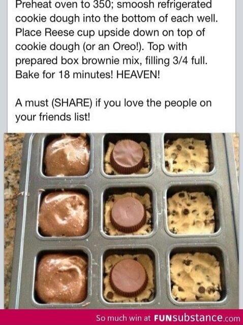Preheat oven 1o 350 smoosh reirigerated cookie dough into the bottom of each well Place Reese cup upside down on top of cookie dough or an Oreo Top with prepared box brownie mix filling 34 full Bake for 18 minutes HEAVEN A must SHARE if you love the people on your friends list