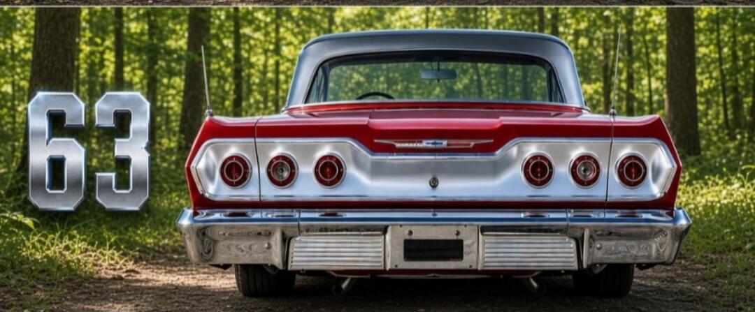 63. A classic red car, possibly a Chevrolet Impala, is shown from the rear, parked on a dirt road with trees in the background.