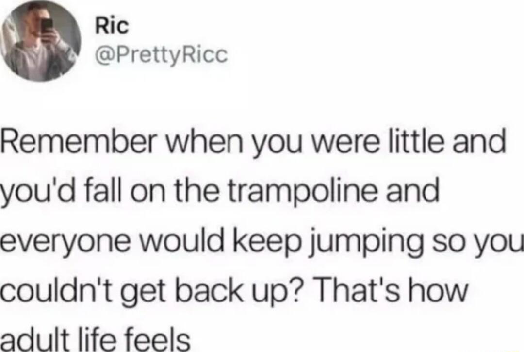 Ric PrettyRicc Remember when you were little and youd fall on the trampoline and everyone would keep jumping so you couldnt get back up Thats how adult life feels