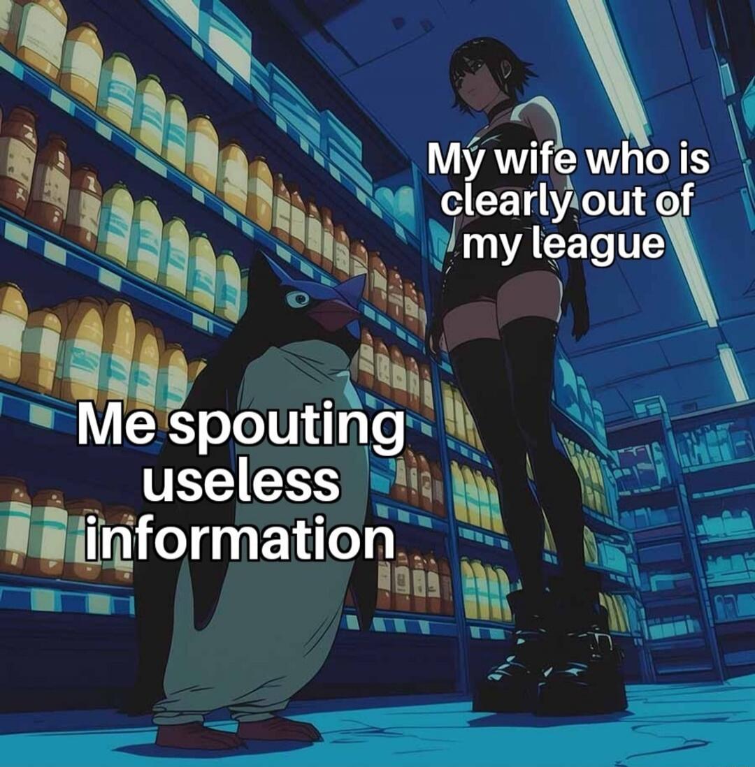 My wife who is clearly out of my league \nMe spouting useless information