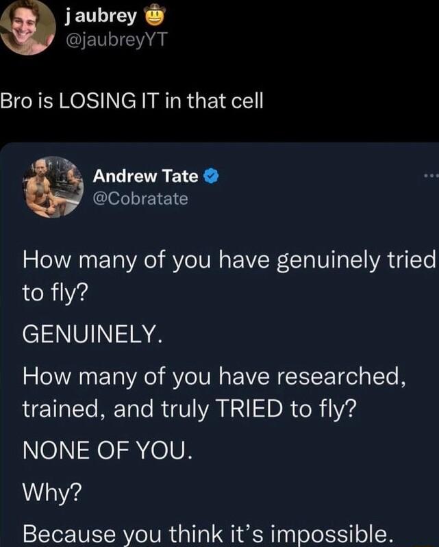jaubrey jaubreyYT Bro is LOSING IT in that cell Andrew Tate b Cobratate How many of you have genuinely tried to fly GENUINELY How many of you have researched LTI METaTe RUCV VAL N DR TR 14 NONE OF YOU Why Because you think its impossible