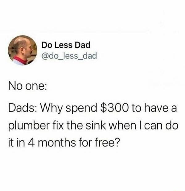 Do Less Dad
@do_less_dad

No one:

Dads: Why spend $300 to have a plumber fix the sink when I can do it in 4 months for free?