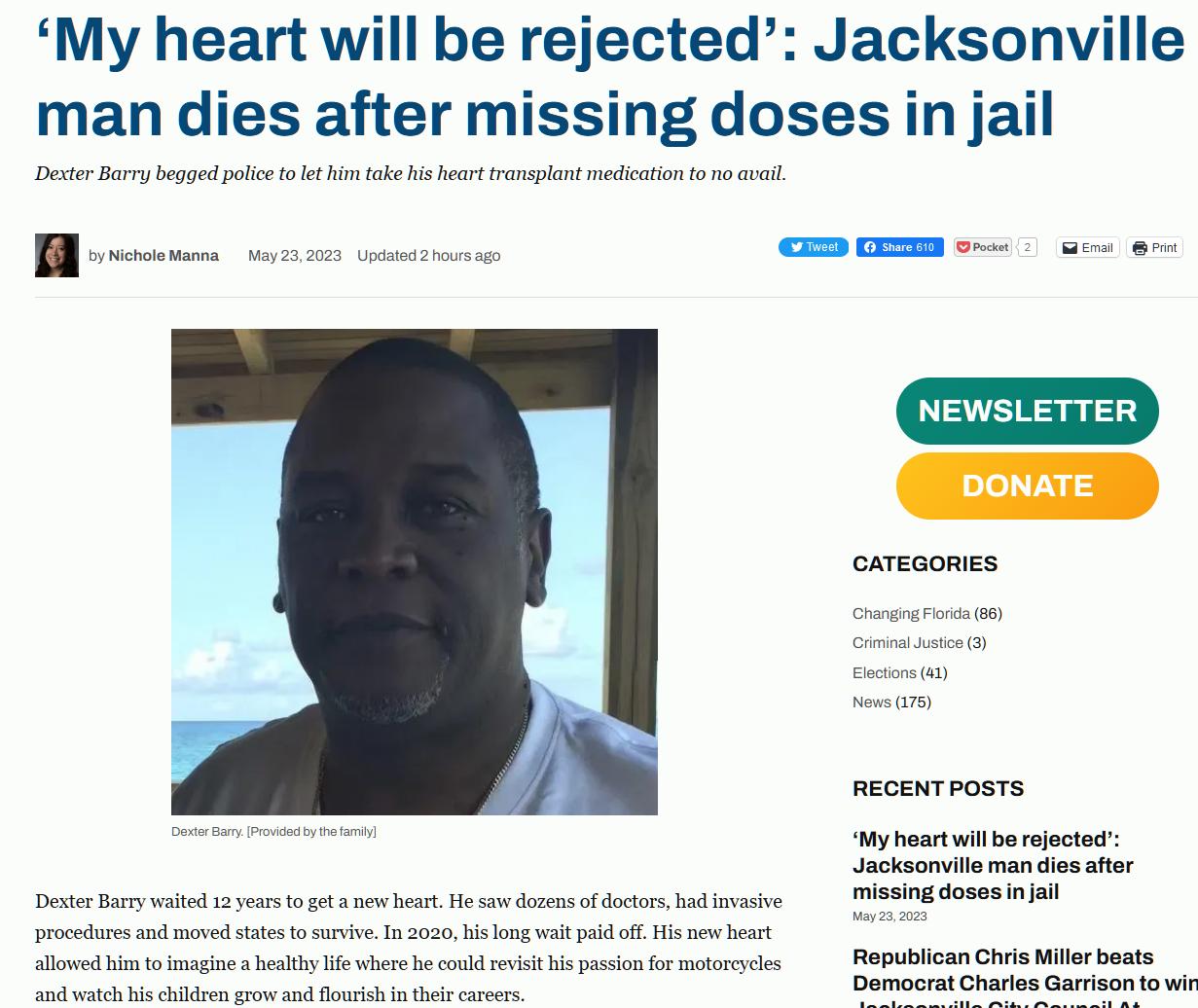 My heart will be rejected Jacksonville man dies after missing doses in jail Dot By gt e ol i et Myt it b rojctad v ietingdores b e o s FOp0ShcanChts Wi boats