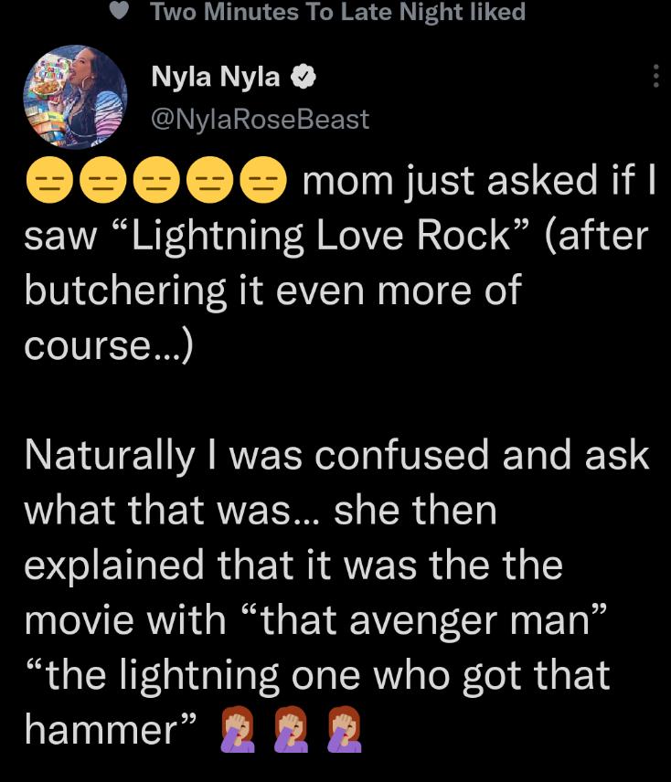 Two Minutes To Late Night liked NYERNVER onyiaroseBeast OOOO momjust asked if saw Lightning Love Rock after butchering it even more of course Naturally was confused and ask what that was she then D GIETR R IR ANEER G R R R YWV ECTA O ET the lightning one who got that hammer 8 8