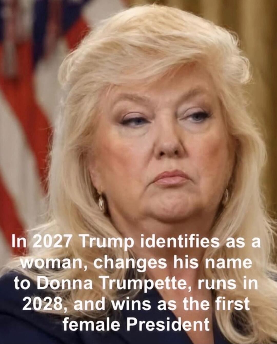 In 2027 Trump identifies as a woman, changes his name to Donna Trumpette, runs in 2028, and wins as the first female President