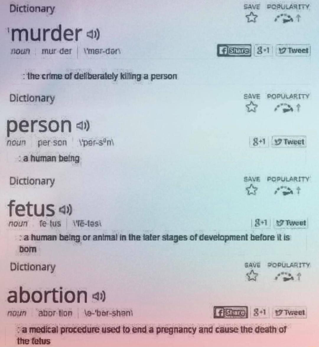 Dictionary SAE soRuLARTTY i ot murder soun mur er vmardan c Rl the crime of defberately kiling a person s i person noun person parsm 84 0 Tweet human being e el fetus noun felus TE desi 189 st human being or animal i the tater stages of developmen before Lis om Dictionary AT BN abortion U Btorton e bir sherh i ERREAT Wmaum