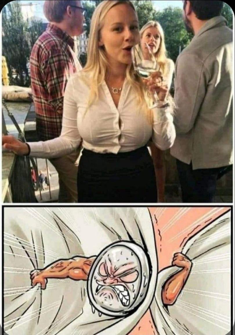 A woman in a tight white shirt and black skirt is holding a glass of wine. Her shirt buttons are visibly strained over her chest. The bottom panel shows a cartoon drawing of a button with muscular arms struggling to hold the fabric together, humorously depicting the strain.