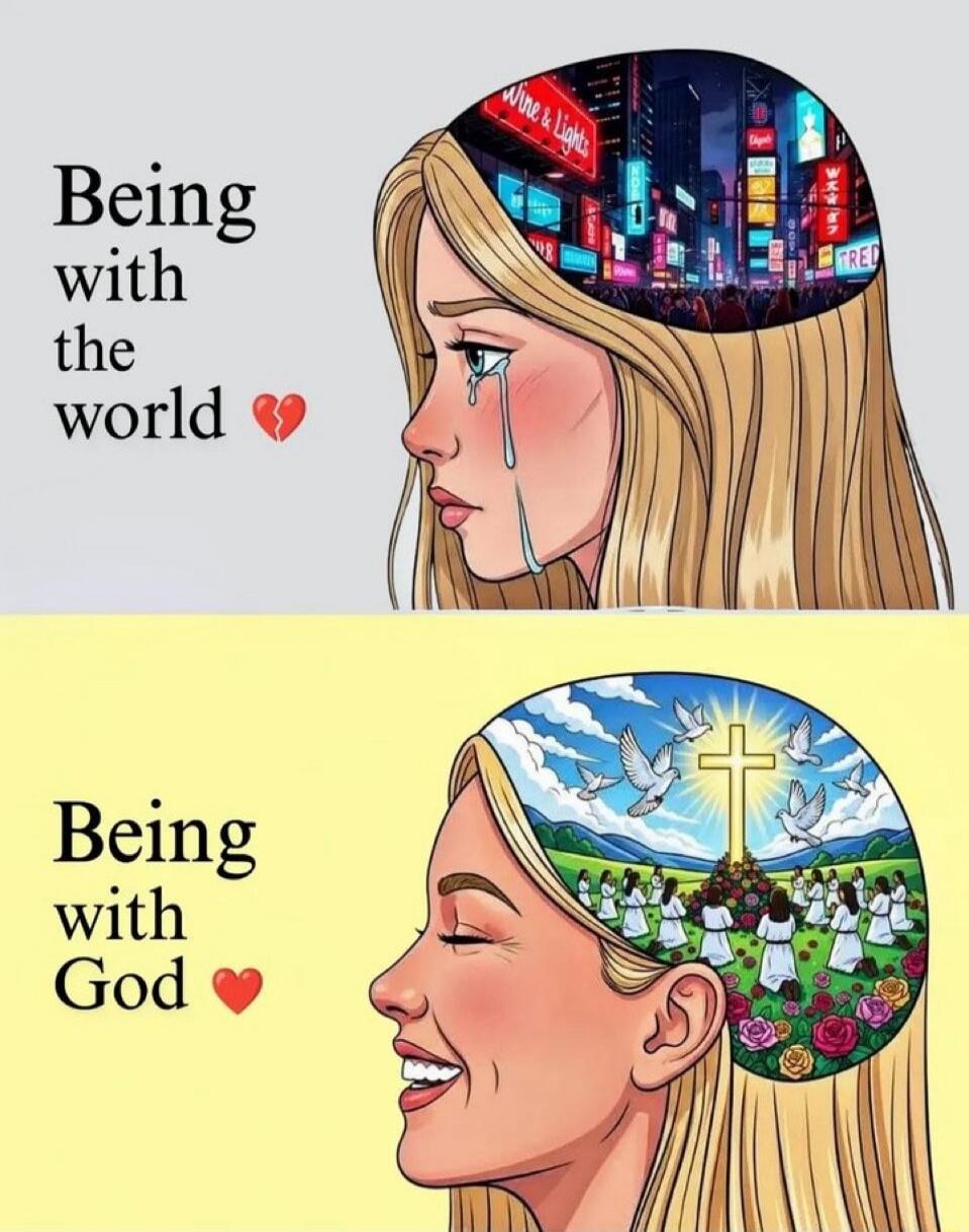 Being with the world 💔. Inside her head, a city at night with neon signs like 'Wine & Lights' and 'RED', and a crowd. Being with God ❤️. Inside her head, a peaceful landscape with a cross, doves, and people kneeling among flowers.
