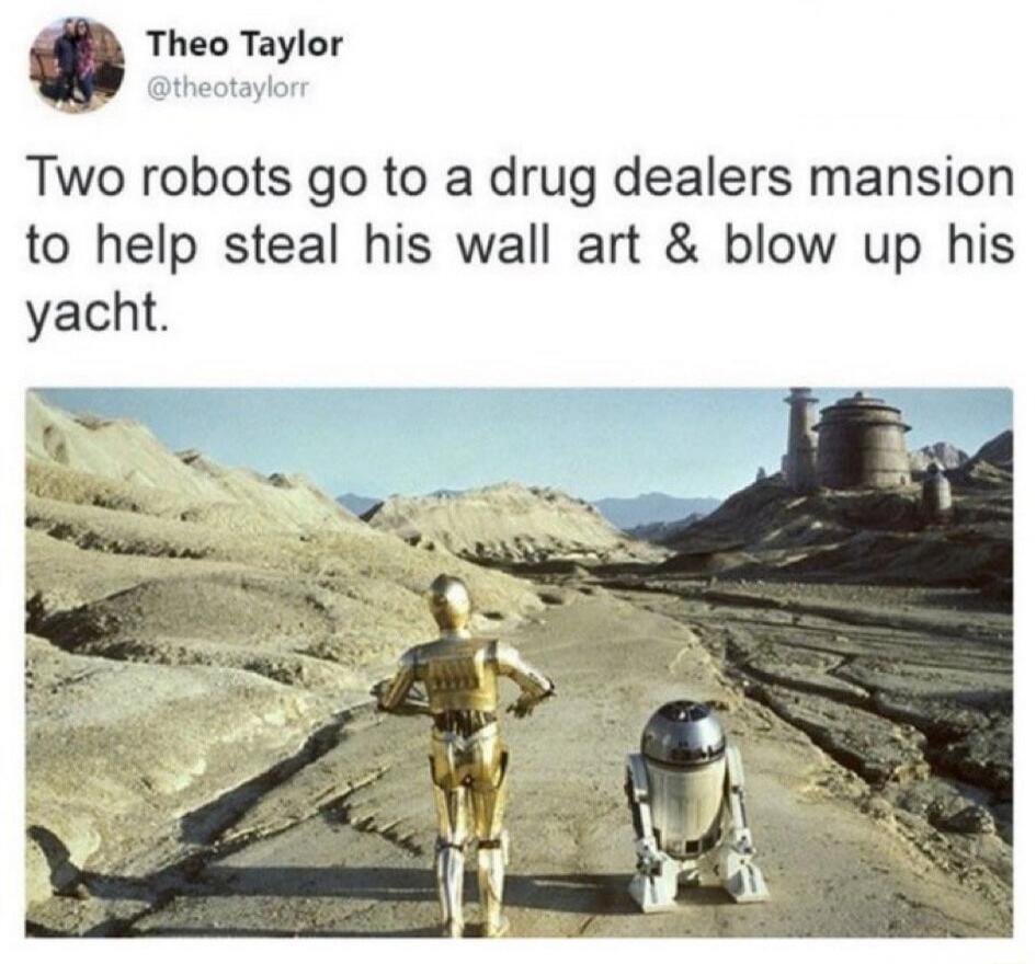Two robots go to a drug dealers mansion to help steal his wall art & blow up his yacht.