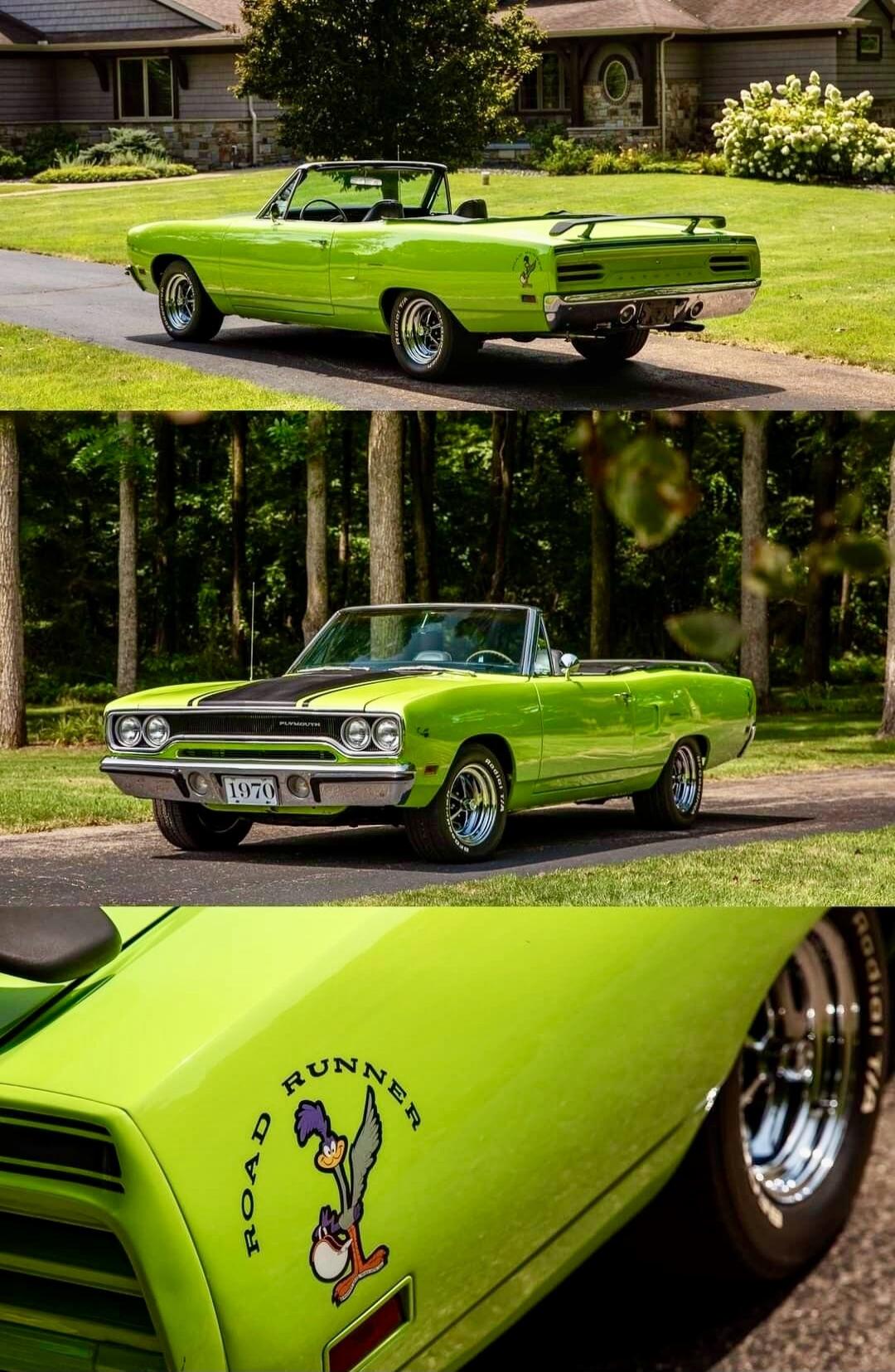 A classic 1970 Plymouth Road Runner convertible in bright green. The car features a black stripe on the hood, chrome bumpers, and 'radial T/A' tires. The iconic Road Runner cartoon character logo is visible on the side.