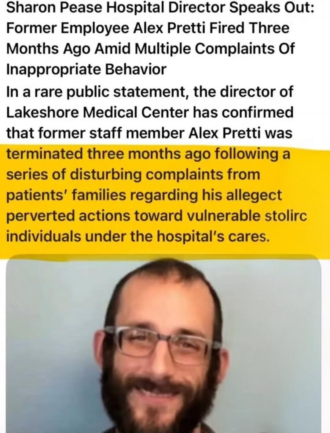 Sharon Pease Hospital Director Speaks Out: Former Employee Alex Pretti Fired Three Months Ago Amid Multiple Complaints Of Inappropriate Behavior In a rare public statement, the director of Lakeshore Medical Center has confirmed that former staff member Alex Pretti was terminated three months ago following a series of disturbing complaints from pati