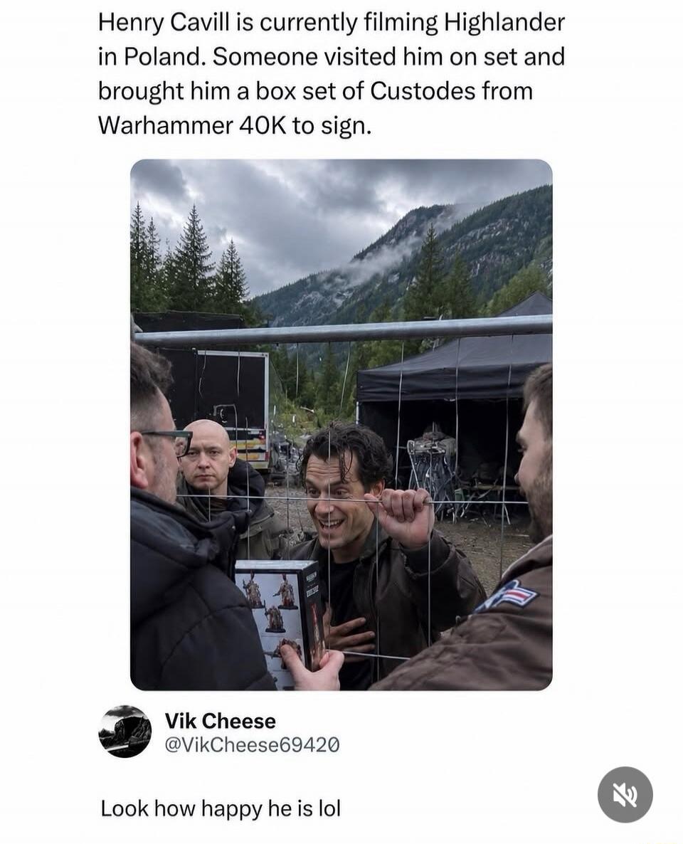 Henry Cavill is currently filming Highlander in Poland. Someone visited him on set and brought him a box set of Custodes from Warhammer 40K to sign. Look how happy he is lol.