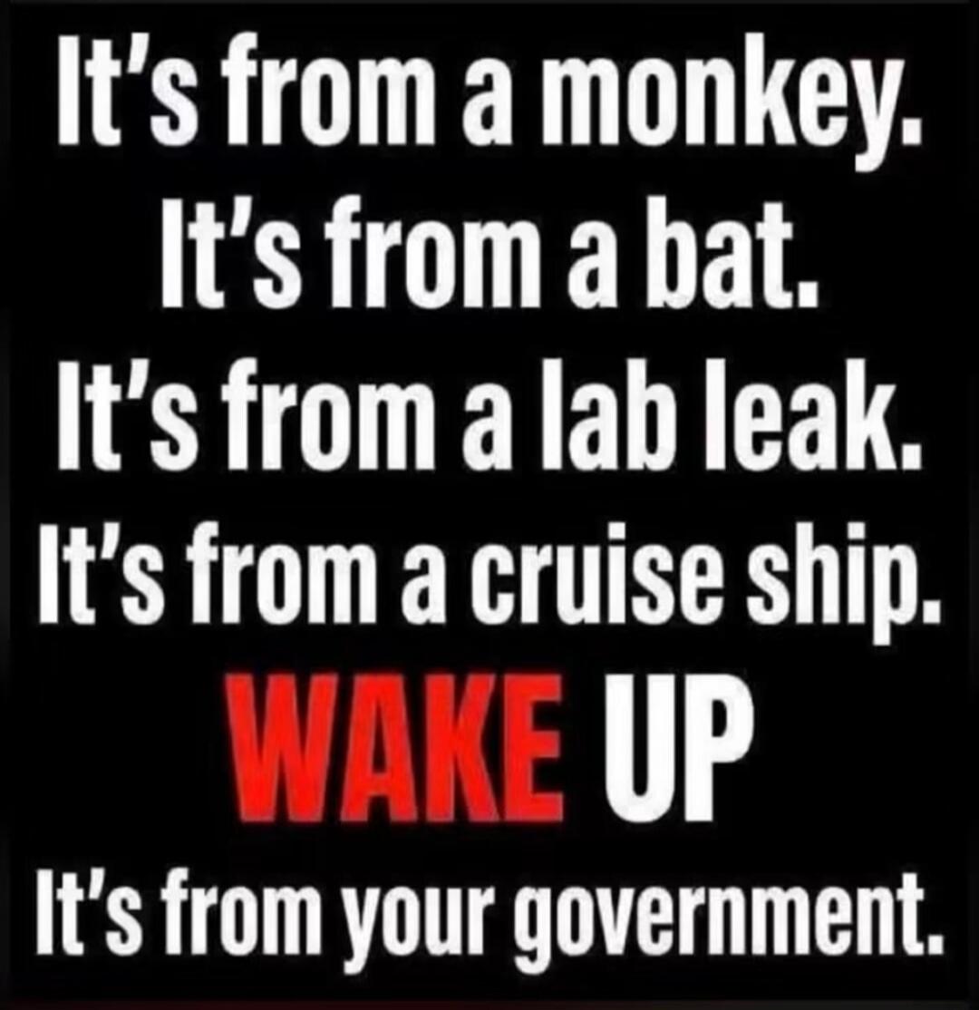It's from a monkey. It's from a bat. It's from a lab leak. It's from a cruise ship. WAKE UP It's from your government.