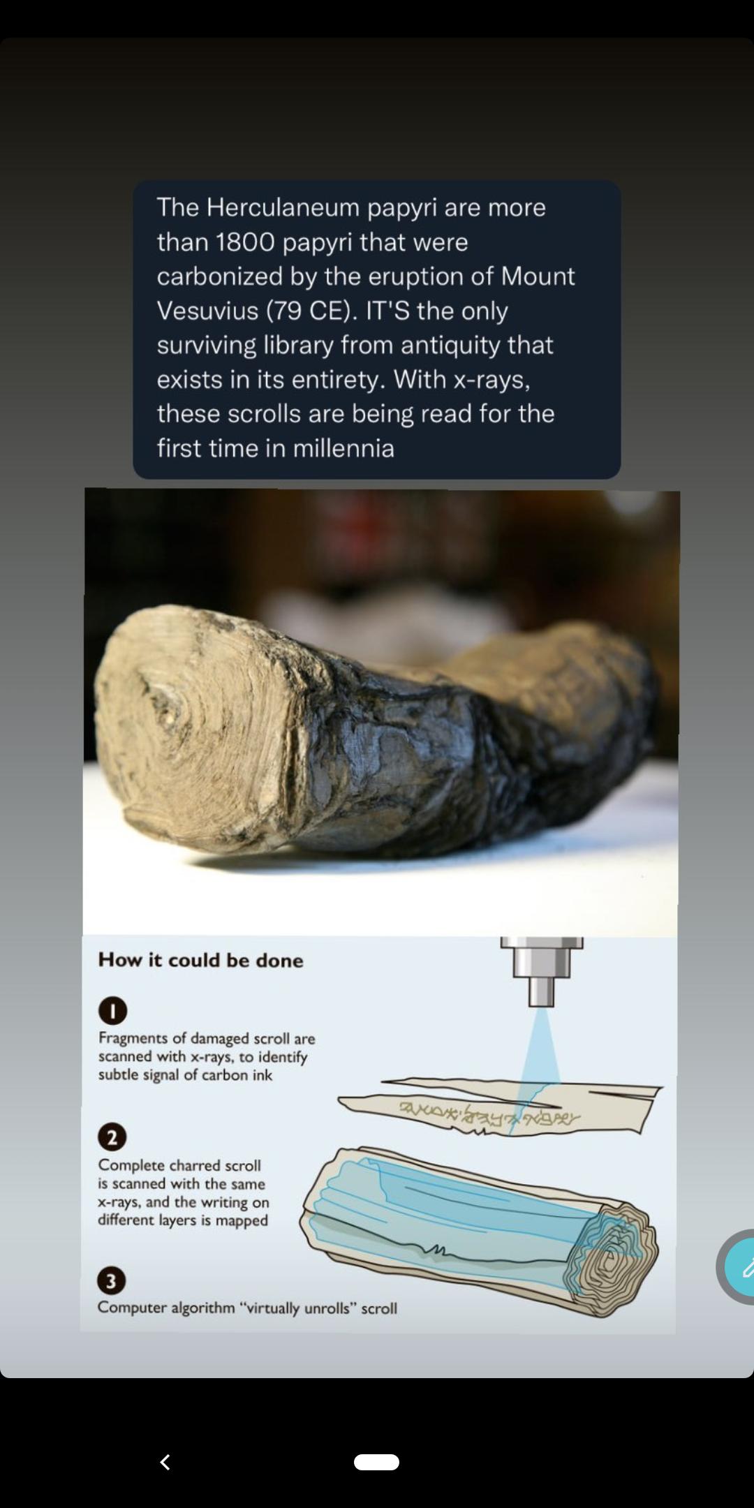The Herculaneum papyri are more than 1800 papyri that were for1goJolaIV4Te oAU R 1gU o doa e Y oa Vesuvius 79 CE ITS the only surviving library from antiquity that exists in its entirety With x rays these scrolls are being read for the first time in millennia How it could be done Fragments of damaged scroll are scanned with x rays to identify subtle signal of carbon ink 2 Complete charred scroll i