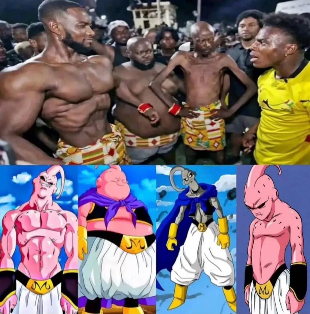 The image shows a comparison between four individuals. The top row features three men with different body types, and a fourth man in a yellow shirt. The bottom row displays four different forms of the character Majin Buu from Dragon Ball Z. The meme likely humorously compares the physical appearances of the men to the various forms of Majin Buu.