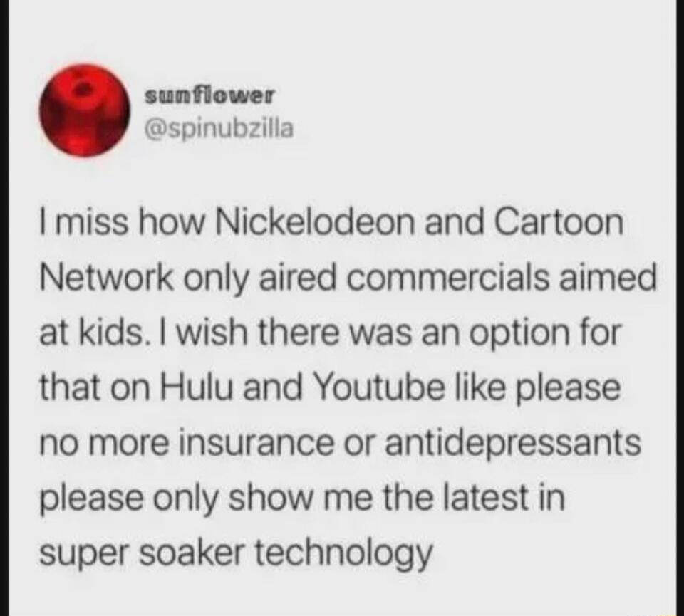 I miss how Nickelodeon and Cartoon Network only aired commercials aimed at kids. I wish there was an option for that on Hulu and Youtube like please no more insurance or antidepressants please only show me the latest in super soaker technology