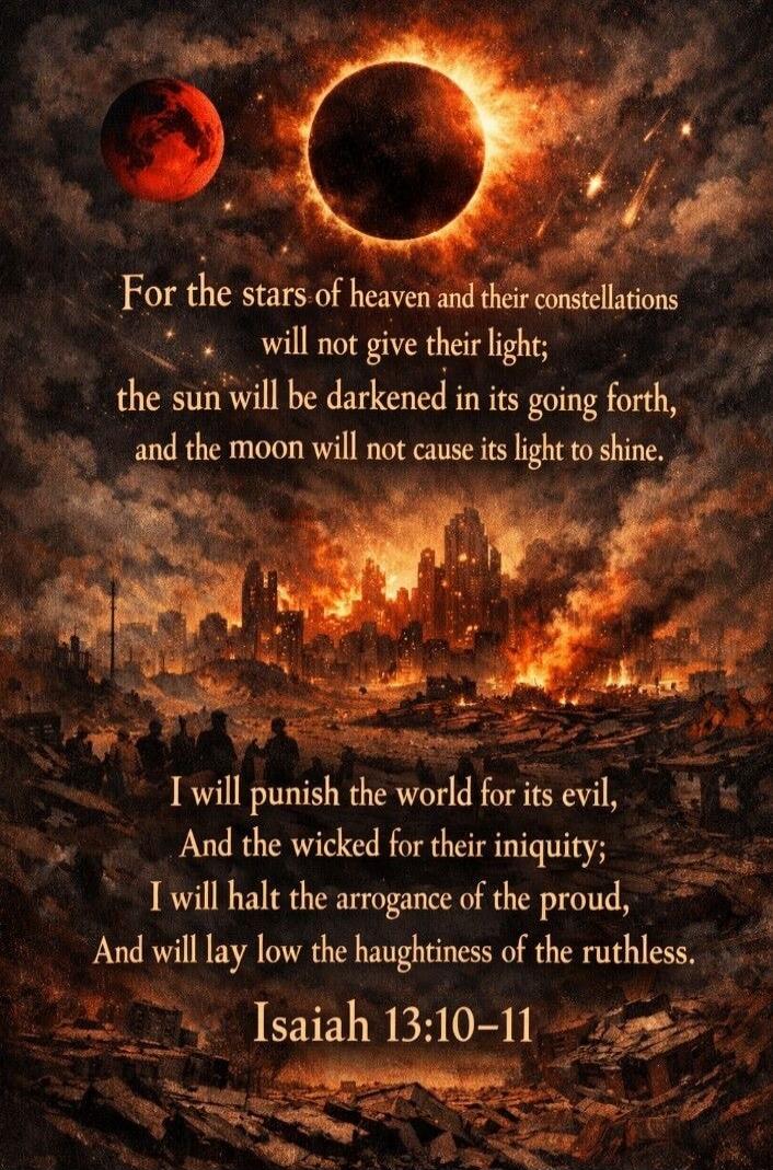 For the stars of heaven and their constellations will not give their light;
the sun will be darkened in its going forth,
and the moon will not cause its light to shine.

I will punish the world for its evil,
And the wicked for their iniquity;
I will halt the arrogance of the proud,
And will lay low the haughtiness of the ruthless.

Isaiah 13:10-11