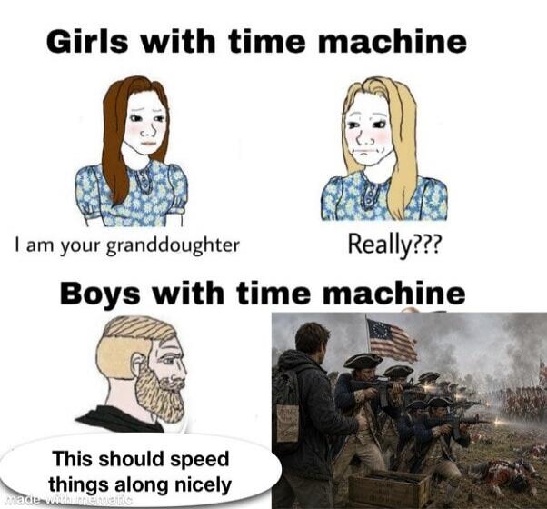 Girls with time machine I am your granddaughter Really??? Boys with time machine This should speed things along nicely
