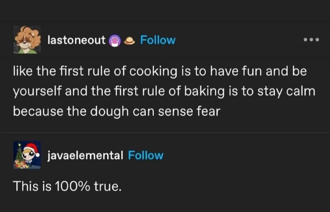 Like the first rule of cooking is to have fun and be yourself and the first rule of baking is to stay calm because the dough can sense fear. This is 100% true.