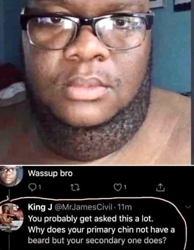Wassup bro REGIVIAET e g ACIEIGLEL R I EE EL RGIEEY N Why does your primary chin not have a beard but your secondary one does