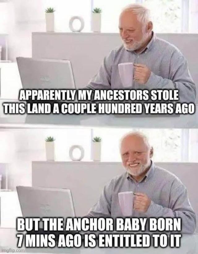 APPARENTLY MY ANCESTORS STOLE THIS LAND A COUPLE HUNDRED YEARS AGO BUT THE ANCHOR BABY BORN 7 MINS AGO IS ENTITLED TO IT