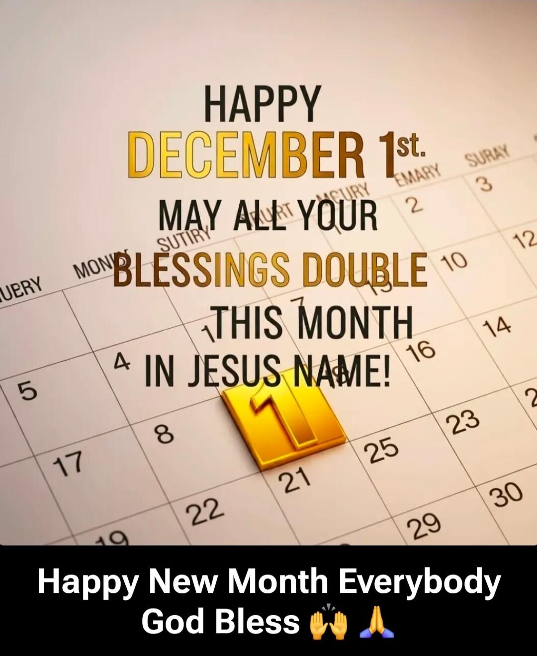 HAPPY DECEMBER 1st. MAY ALL YOUR BLESSINGS DOUBBLE THIS MONTH IN JESUS NAME! Happy New Month Everybody God Bless 🙌🙏