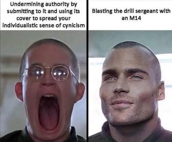 Undermining authority by submitting to it and usingts Blasting the drill sergeant with cover to spread your anM14 Individualistic sense of cynicism