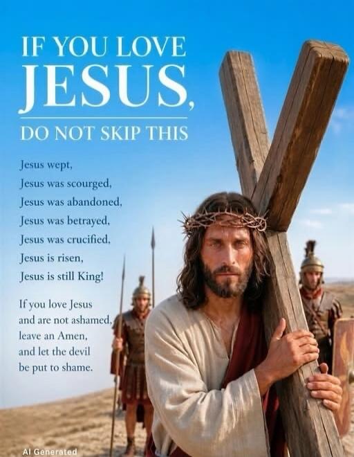 IF YOU LOVE JESUS, DO NOT SKIP THIS Jesus wept, Jesus was scourged, Jesus was abandoned, Jesus was betrayed, Jesus was crucified, Jesus is risen, Jesus is still King! If you love Jesus and are not ashamed, leave an Amen, and let the devil be put to shame. AI Generated